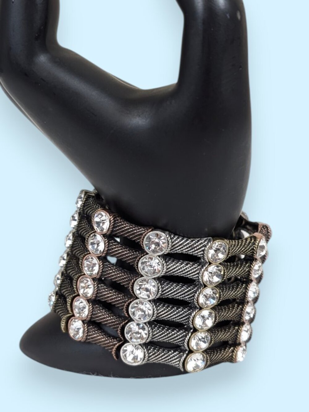 Tri-Tone Metal Rhinestone Stretch Bracelet